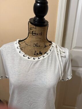 White Lace-Up Short Sleeve Tee with Eyelet Trim and Shoulder Tie